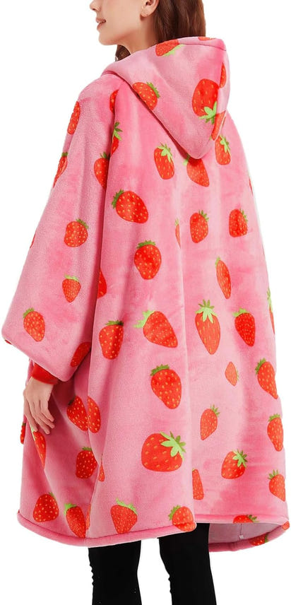 Cosy Wearable Blanket Hoodie for Adults Sherpa All Patterns Oversized Sweatshirt Blanket with Pockets Cute Birthday Gifts for Sister Strawberry