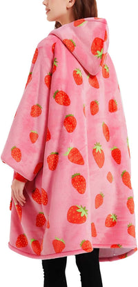 Cosy Wearable Blanket Hoodie for Adults Sherpa All Patterns Oversized Sweatshirt Blanket with Pockets Cute Birthday Gifts for Sister Strawberry