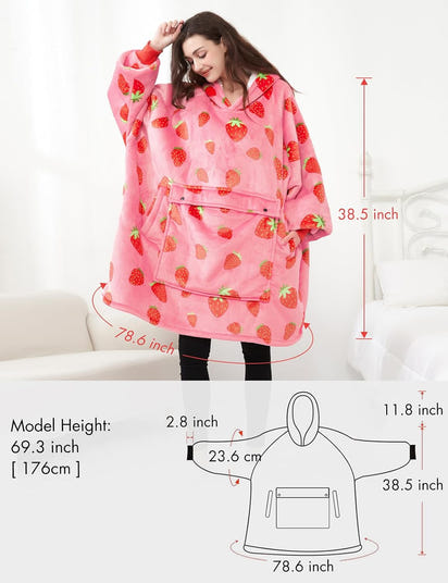 Cosy Wearable Blanket Hoodie for Adults Sherpa All Patterns Oversized Sweatshirt Blanket with Pockets Cute Birthday Gifts for Sister Strawberry