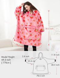 Cosy Wearable Blanket Hoodie for Adults Sherpa All Patterns Oversized Sweatshirt Blanket with Pockets Cute Birthday Gifts for Sister Strawberry