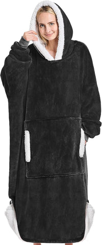 Cozy Blanket Hoodie™ for Adults/Women/mom, Flannel Cozy Sherpa Fleece Blanket Sweatshirt with Hood, Pocket & Sleeves, Large, One Size Fits All (Black)