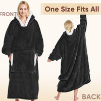 Cozy Blanket Hoodie™ for Adults/Women/mom, Flannel Cozy Sherpa Fleece Blanket Sweatshirt with Hood, Pocket & Sleeves, Large, One Size Fits All (Black)