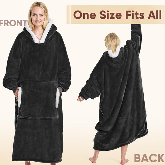 Cozy Blanket Hoodie™ for Adults/Women/mom, Flannel Cozy Sherpa Fleece Blanket Sweatshirt with Hood, Pocket & Sleeves, Large, One Size Fits All (Black)