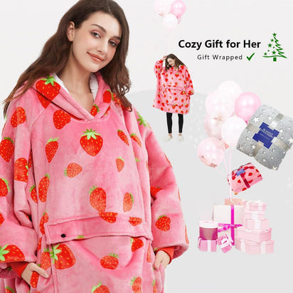 Cosy Wearable Blanket Hoodie for Adults Sherpa All Patterns Oversized Sweatshirt Blanket with Pockets Cute Birthday Gifts for Sister Strawberry