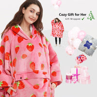 Cosy Wearable Blanket Hoodie for Adults Sherpa All Patterns Oversized Sweatshirt Blanket with Pockets Cute Birthday Gifts for Sister Strawberry