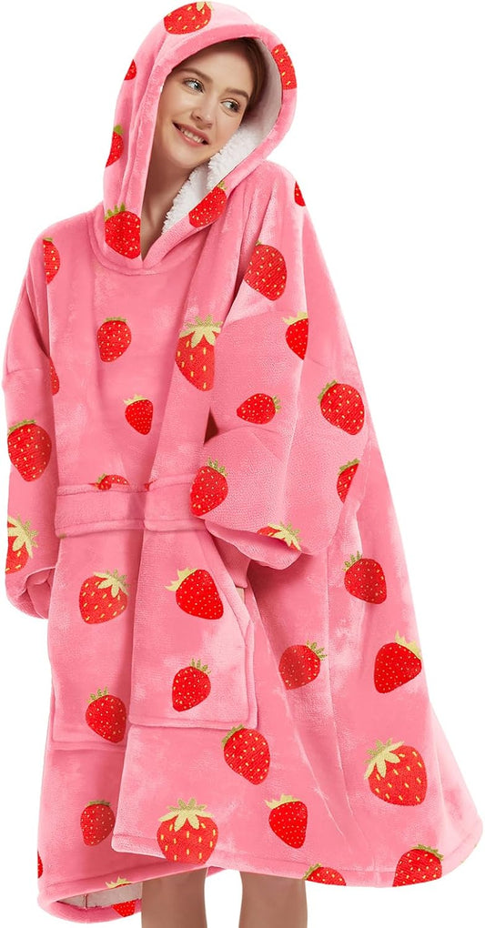 Cosy Wearable Blanket Hoodie for Adults Sherpa All Patterns Oversized Sweatshirt Blanket with Pockets Cute Birthday Gifts for Sister Strawberry