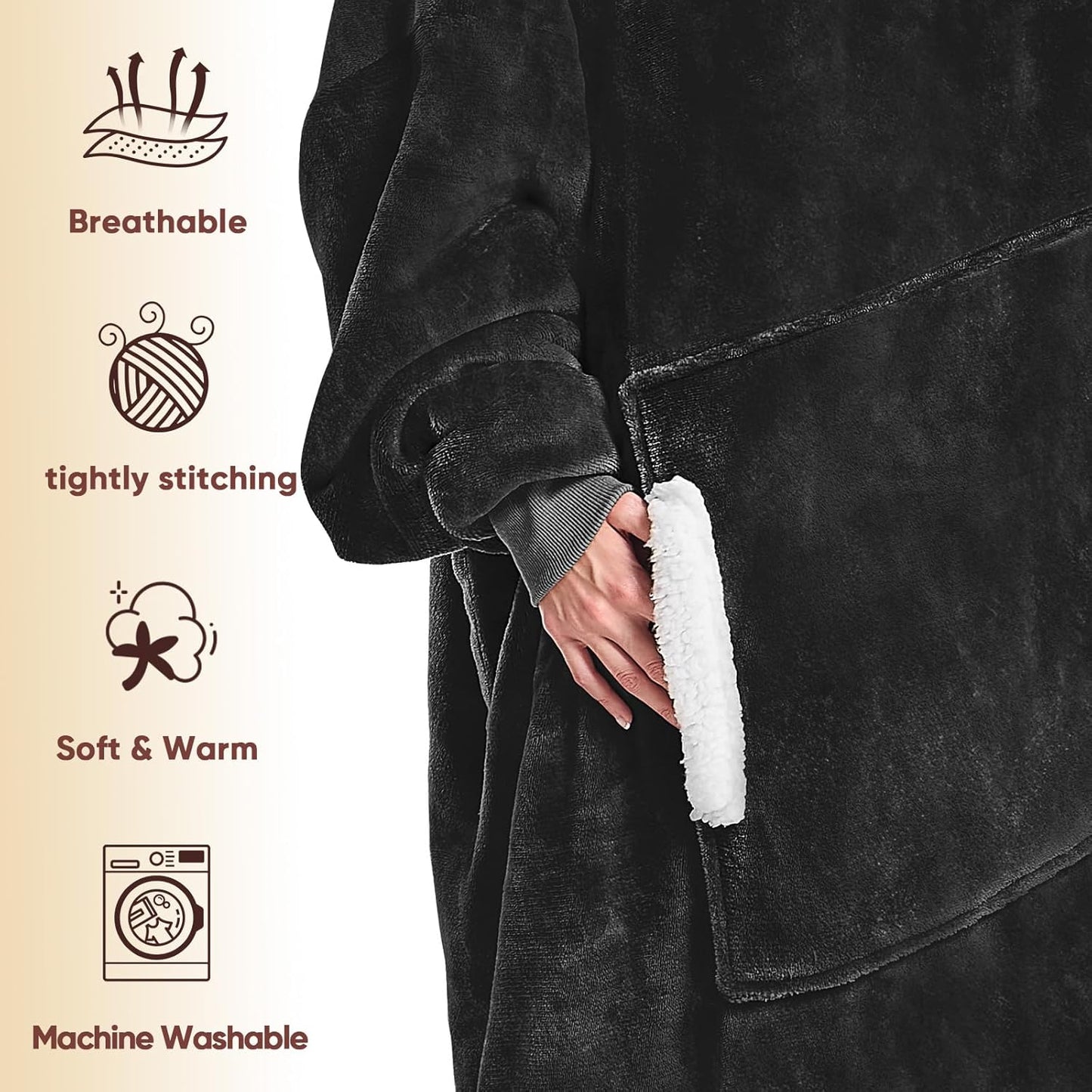 Cozy Blanket Hoodie™ for Adults/Women/mom, Flannel Cozy Sherpa Fleece Blanket Sweatshirt with Hood, Pocket & Sleeves, Large, One Size Fits All (Black)