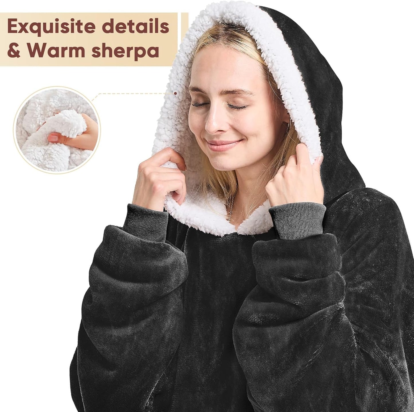 Cozy Blanket Hoodie™ for Adults/Women/mom, Flannel Cozy Sherpa Fleece Blanket Sweatshirt with Hood, Pocket & Sleeves, Large, One Size Fits All (Black)