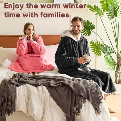 Cozy Blanket Hoodie™ for Adults/Women/mom, Flannel Cozy Sherpa Fleece Blanket Sweatshirt with Hood, Pocket & Sleeves, Large, One Size Fits All (Black)